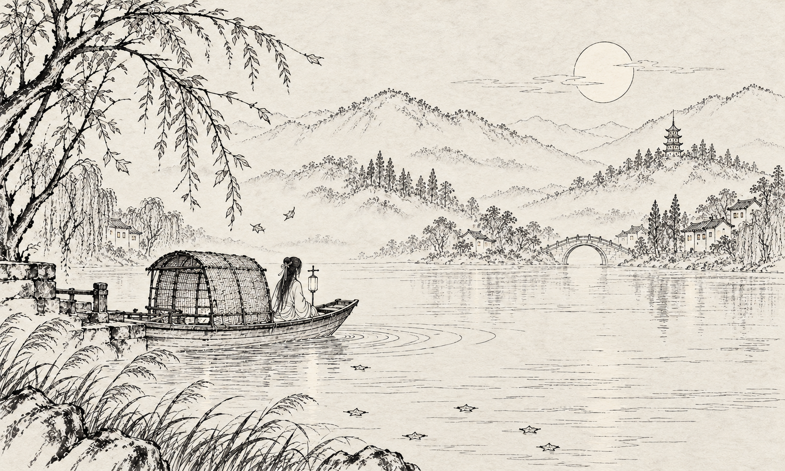 秋雨夜航与越山倒影的古风江南